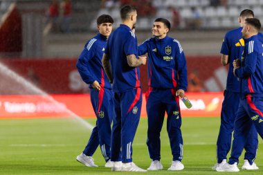 Murcia, İspanya - 12 Ekim 2024: UEFA Uluslar Ligi ön eleme maçı İspanya milli takımı ile Danimarka arasında yapıldı. İspanyol milli takımının oyuncuları. İspanyol taraftarlar.