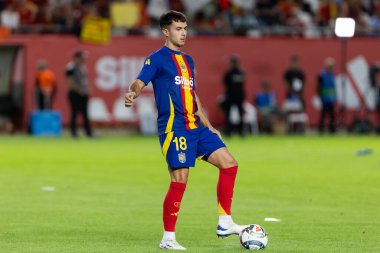 Murcia, İspanya - 12 Ekim 2024: UEFA Uluslar Ligi ön eleme maçı İspanya milli takımı ile Danimarka arasında yapıldı. İspanyol milli takımının oyuncuları. İspanyol taraftarlar.