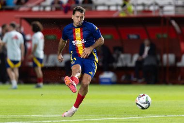 Murcia, İspanya - 12 Ekim 2024: UEFA Uluslar Ligi ön eleme maçı İspanya milli takımı ile Danimarka arasında yapıldı. İspanyol milli takımının oyuncuları. İspanyol taraftarlar.