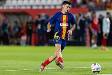 Murcia, İspanya - 12 Ekim 2024: UEFA Uluslar Ligi ön eleme maçı İspanya milli takımı ile Danimarka arasında yapıldı. İspanyol milli takımının oyuncuları. İspanyol taraftarlar.