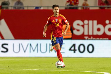 Murcia, İspanya - 12 Ekim 2024: UEFA Uluslar Ligi ön eleme maçı İspanya milli takımı ile Danimarka arasında yapıldı. İspanyol milli takımının oyuncuları. İspanyol taraftarlar.