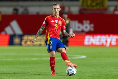 Murcia, İspanya - 12 Ekim 2024: UEFA Uluslar Ligi ön eleme maçı İspanya milli takımı ile Danimarka arasında yapıldı. İspanyol milli takımının oyuncuları. İspanyol taraftarlar.