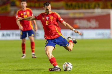 Murcia, İspanya - 12 Ekim 2024: UEFA Uluslar Ligi ön eleme maçı İspanya milli takımı ile Danimarka arasında yapıldı. İspanyol milli takımının oyuncuları. İspanyol taraftarlar.