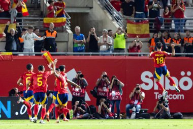 Murcia, İspanya - 12 Ekim 2024: UEFA Uluslar Ligi ön eleme maçı İspanya milli takımı ile Danimarka arasında yapıldı. İspanyol milli takımının oyuncuları. İspanyol taraftarlar.