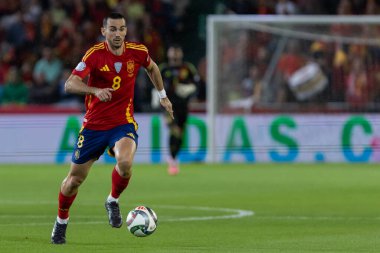 Cordoba, İspanya - 15 Ekim 2024: UEFA Uluslar Ligi ön eleme karşılaşması İspanya ile Sırbistan arasında. İspanya Milli Futbol Takımı 'nın zaferi. Milli takımın oyuncuları. Profesyonel futbol..