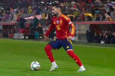 Cordoba, İspanya - 15 Ekim 2024: UEFA Uluslar Ligi ön eleme karşılaşması İspanya ile Sırbistan arasında. İspanya Milli Futbol Takımı 'nın zaferi. Milli takımın oyuncuları. Profesyonel futbol..