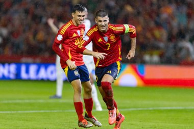 Cordoba, İspanya - 15 Ekim 2024: UEFA Uluslar Ligi ön eleme karşılaşması İspanya ile Sırbistan arasında. İspanya Milli Futbol Takımı 'nın zaferi. Milli takımın oyuncuları. Profesyonel futbol..