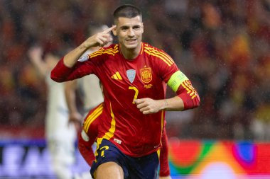 Cordoba, İspanya - 15 Ekim 2024: UEFA Uluslar Ligi ön eleme karşılaşması İspanya ile Sırbistan arasında. İspanya Milli Futbol Takımı 'nın zaferi. Milli takımın oyuncuları. Profesyonel futbol..