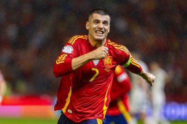 Cordoba, İspanya - 15 Ekim 2024: UEFA Uluslar Ligi ön eleme karşılaşması İspanya ile Sırbistan arasında. İspanya Milli Futbol Takımı 'nın zaferi. Milli takımın oyuncuları. Profesyonel futbol..