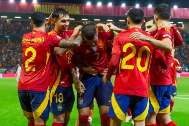 Cordoba, İspanya - 15 Ekim 2024: UEFA Uluslar Ligi ön eleme karşılaşması İspanya ile Sırbistan arasında. İspanya Milli Futbol Takımı 'nın zaferi. Milli takımın oyuncuları. Profesyonel futbol..