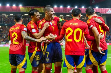 Cordoba, İspanya - 15 Ekim 2024: UEFA Uluslar Ligi ön eleme karşılaşması İspanya ile Sırbistan arasında. İspanya Milli Futbol Takımı 'nın zaferi. Milli takımın oyuncuları. Profesyonel futbol..