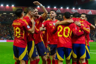 Cordoba, İspanya - 15 Ekim 2024: UEFA Uluslar Ligi ön eleme karşılaşması İspanya ile Sırbistan arasında. İspanya Milli Futbol Takımı 'nın zaferi. Milli takımın oyuncuları. Profesyonel futbol..