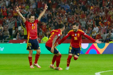 Cordoba, İspanya - 15 Ekim 2024: UEFA Uluslar Ligi ön eleme karşılaşması İspanya ile Sırbistan arasında. İspanya Milli Futbol Takımı 'nın zaferi. Milli takımın oyuncuları. Profesyonel futbol..