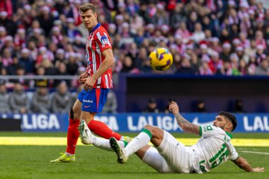 Madrid, İspanya - 15 Aralık 2024: Madrid 'de Atletico de Madrid ile Getafe Fc arasında oynanan lig maçı. Atletico de Madrid oyuncuları. Lig 2024, Lig 2025.
