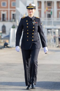 Cadiz, Spain - January 8, 2025: The Princess of Asturias boards the training ship Juan Sebastian El Cano as a naval guard in the port of Cadiz. Spanish military vessel. Four-masted sailing ship. Sailing boat. clipart