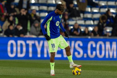 Madrid, İspanya - 18 Ocak 2025: Getafe FC ile Barselona FC arasında oynanan lig maçı. FC Barcelona 'nın oyuncuları. İspanya Süper Kupası Şampiyonu.