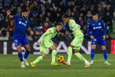 Madrid, İspanya - 18 Ocak 2025: Getafe FC ile Barselona FC arasında oynanan lig maçı. FC Barcelona 'nın oyuncuları. İspanya Süper Kupası Şampiyonu.