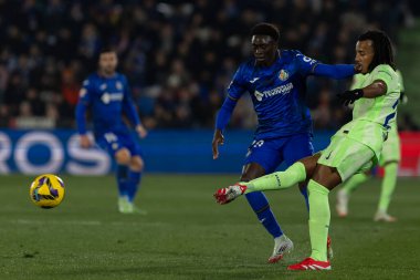 Madrid, İspanya - 18 Ocak 2025: Getafe FC ile Barselona FC arasında oynanan lig maçı. FC Barcelona 'nın oyuncuları. İspanya Süper Kupası Şampiyonu.