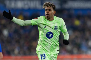 Madrid, İspanya - 18 Ocak 2025: Getafe FC ile Barselona FC arasında oynanan lig maçı. FC Barcelona 'nın oyuncuları. İspanya Süper Kupası Şampiyonu.