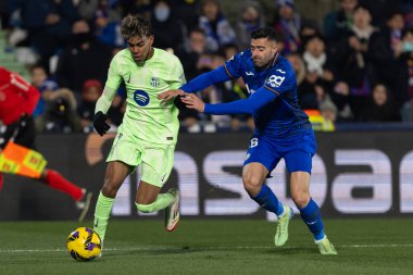 Madrid, İspanya - 18 Ocak 2025: Getafe FC ile Barselona FC arasında oynanan lig maçı. FC Barcelona 'nın oyuncuları. İspanya Süper Kupası Şampiyonu.