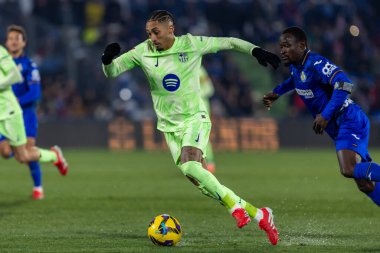 Madrid, İspanya - 18 Ocak 2025: Getafe FC ile Barselona FC arasında oynanan lig maçı. FC Barcelona 'nın oyuncuları. İspanya Süper Kupası Şampiyonu.