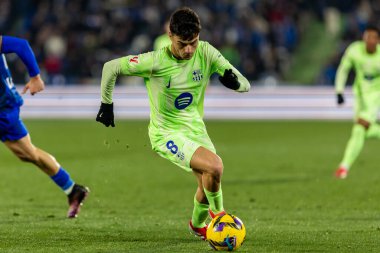 Madrid, İspanya - 18 Ocak 2025: Getafe FC ile Barselona FC arasında oynanan lig maçı. FC Barcelona 'nın oyuncuları. İspanya Süper Kupası Şampiyonu.