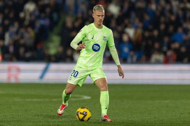 Madrid, İspanya - 18 Ocak 2025: Getafe FC ile Barselona FC arasında oynanan lig maçı. FC Barcelona 'nın oyuncuları. İspanya Süper Kupası Şampiyonu.