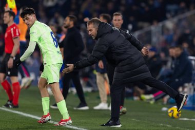 Madrid, İspanya - 18 Ocak 2025: Getafe FC ile Barselona FC arasında oynanan lig maçı. FC Barcelona 'nın oyuncuları. İspanya Süper Kupası Şampiyonu.
