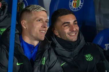 Madrid, İspanya - 18 Ocak 2025: Getafe FC ile Barselona FC arasında oynanan lig maçı. FC Barcelona 'nın oyuncuları. İspanya Süper Kupası Şampiyonu.