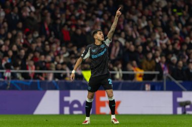 Madrid, İspanya - 21 Ocak 2025: Atletico de Madrid ile Bayer Leverkusen arasında oynanan Şampiyonlar Ligi maçı. Bayer Leverkusen oyuncuları