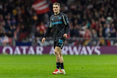 Madrid, İspanya - 21 Ocak 2025: Atletico de Madrid ile Bayer Leverkusen arasında oynanan Şampiyonlar Ligi maçı. Bayer Leverkusen oyuncuları