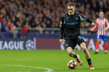 Madrid, İspanya - 21 Ocak 2025: Atletico de Madrid ile Bayer Leverkusen arasında oynanan Şampiyonlar Ligi maçı. Bayer Leverkusen oyuncuları