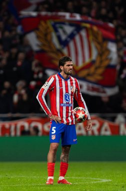 Madrid, İspanya - 21 Ocak 2025: Atletico de Madrid ile Bayer Leverkusen arasında oynanan Şampiyonlar Ligi maçı. Atletico de Madrid oyuncuları. Madrid takımının zaferi..