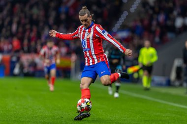 Madrid, İspanya - 21 Ocak 2025: Atletico de Madrid ile Bayer Leverkusen arasında oynanan Şampiyonlar Ligi maçı. Atletico de Madrid oyuncuları. Madrid takımının zaferi..