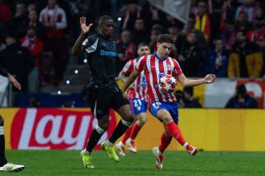 Madrid, İspanya - 21 Ocak 2025: Atletico de Madrid ile Bayer Leverkusen arasında oynanan Şampiyonlar Ligi maçı. Atletico de Madrid oyuncuları. Madrid takımının zaferi..