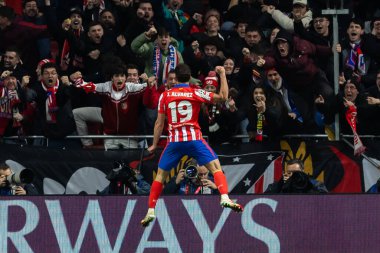 Madrid, İspanya - 21 Ocak 2025: Atletico de Madrid ile Bayer Leverkusen arasında oynanan Şampiyonlar Ligi maçı. Atletico de Madrid oyuncuları. Madrid takımının zaferi..