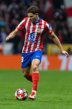 Madrid, İspanya - 21 Ocak 2025: Atletico de Madrid ile Bayer Leverkusen arasında oynanan Şampiyonlar Ligi maçı. Atletico de Madrid oyuncuları. Madrid takımının zaferi..