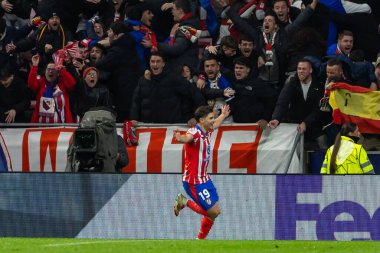 Madrid, İspanya - 21 Ocak 2025: Atletico de Madrid ile Bayer Leverkusen arasında oynanan Şampiyonlar Ligi maçı. Atletico de Madrid oyuncuları. Madrid takımının zaferi..