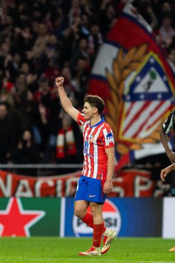 Madrid, İspanya - 21 Ocak 2025: Atletico de Madrid ile Bayer Leverkusen arasında oynanan Şampiyonlar Ligi maçı. Atletico de Madrid oyuncuları. Madrid takımının zaferi..