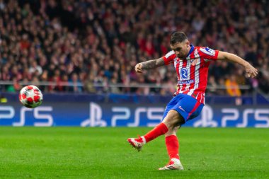 Madrid, İspanya - 21 Ocak 2025: Atletico de Madrid ile Bayer Leverkusen arasında oynanan Şampiyonlar Ligi maçı. Atletico de Madrid oyuncuları. Madrid takımının zaferi..