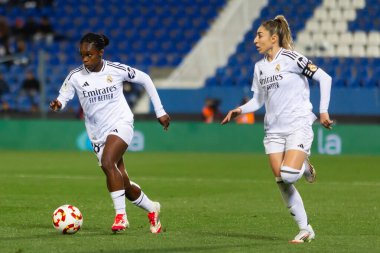 Madrid, İspanya - 23 Ocak 2025: FC Barcelona ile Atletico de Madrid arasında bayanlar Süper Kupa yarı finalleri. Gerçek Madrid oyuncuları. Kadın futbolu. Kız futbolu.