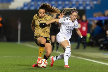 Madrid, İspanya - 23 Ocak 2025: FC Barcelona ile Atletico de Madrid arasında bayanlar Süper Kupa yarı finalleri. Gerçek Madrid oyuncuları. Kadın futbolu. Kız futbolu.