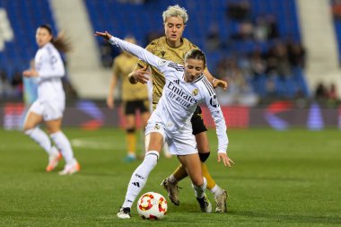 Madrid, Spain - January 23, 2025: Women's Spanish Super Cup semi-finals between FC Barcelona and Atletico de Madrid. Real Madrid players. Women's soccer. Girls' soccer. clipart