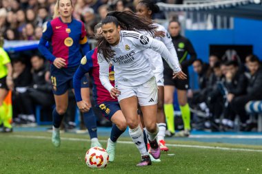 Madrid, İspanya - 26 Ocak 2025: Madrid 'de FC Barcelona ile Real Madrid arasında oynanan Bayanlar Süper Kupası Finali. Kadın futbol klasiği. FC Barcelona kazandı..