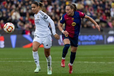 Madrid, İspanya - 26 Ocak 2025: Madrid 'de FC Barcelona ile Real Madrid arasında oynanan Bayanlar Süper Kupası Finali. Kadın futbol klasiği. FC Barcelona kazandı..