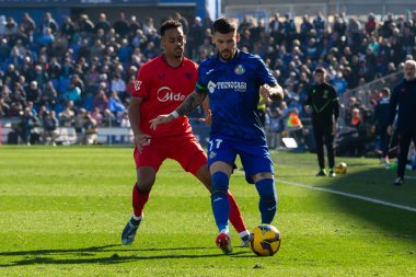 Madrid, İspanya - 1 Şubat 2025: Getafe Fc ile Sevilla Fc arasındaki lig maçı Madrid 'de oynandı. Sevilla FC oyuncuları. Lig 2024, 2025. Profesyonel futbol..
