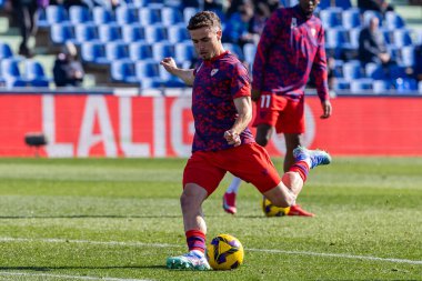 Madrid, İspanya - 1 Şubat 2025: Getafe Fc ile Sevilla Fc arasındaki lig maçı Madrid 'de oynandı. Sevilla FC oyuncuları. Lig 2024, 2025. Profesyonel futbol..