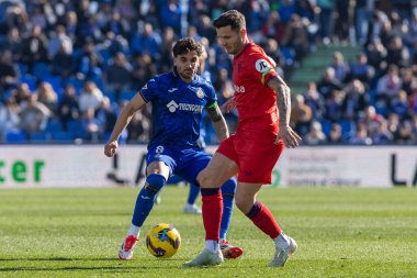 Madrid, İspanya - 1 Şubat 2025: Getafe Fc ile Sevilla Fc arasındaki lig maçı Madrid 'de oynandı. Sevilla FC oyuncuları. Lig 2024, 2025. Profesyonel futbol..