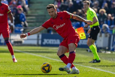 Madrid, İspanya - 1 Şubat 2025: Getafe Fc ile Sevilla Fc arasındaki lig maçı Madrid 'de oynandı. Sevilla FC oyuncuları. Lig 2024, 2025. Profesyonel futbol..