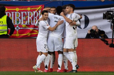 Pamplona, Spain - February 15, 2025: League match between Osasuna and Real Madrid played in Pamplona. Real Madrid players. European champions. League 2024, 2025 clipart